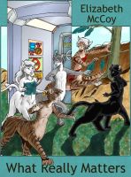 What Really Matters cover, showing a group of cat-centaurs of different fur colours running from a spliced-in snapshop of a spaceship interior to an area with grass and trees