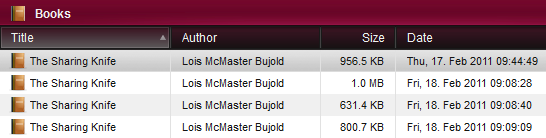 A list of book titles in Sony Libary - four times the title "Sharing Knife", with different filesizes and dates
